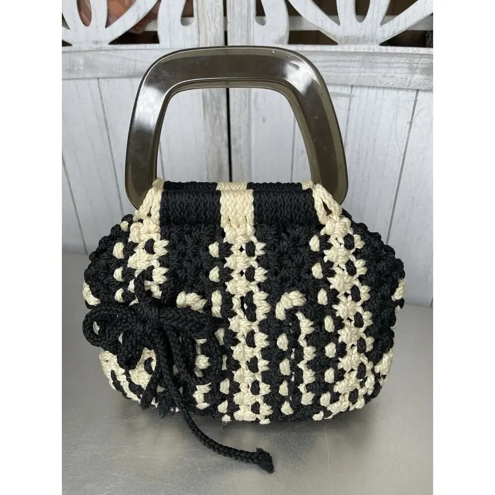 Vintage Crochet Bag Black White Floral Cottagecore Prariecore Plastic Handle